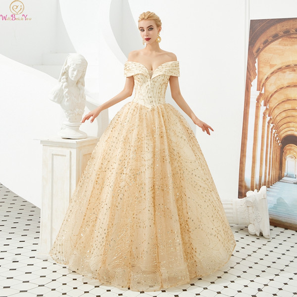 Gold Evening Dresses Floor Length Tulle Off The Shoulder Sequined Elegant Formal Party Long Prom Gowns New robe de soiree