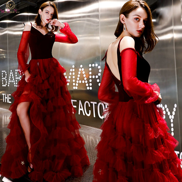 Long Sleeve Evening Dresses Floor Length V Neck Ruffles Organza Black Red Off The Shoulder Elegant Formal Party Split Prom Gowns