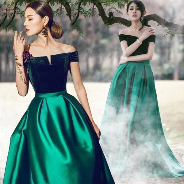 Hunter Green A Line Evening Dresses New Elegant Boat Neck Off The Shoulder robe de soiree Formal Party Satin Long Prom Gown