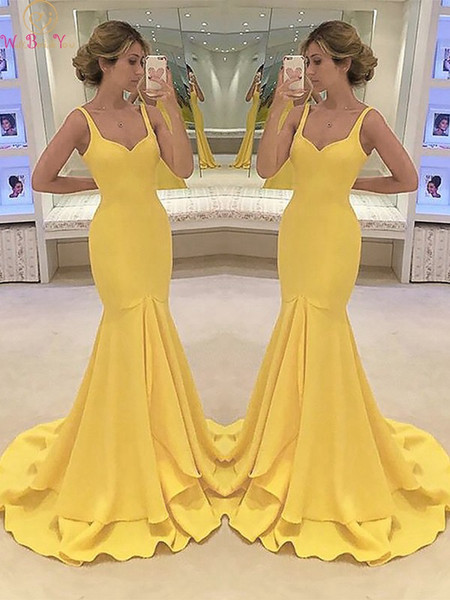 Yellow Evening Dresses Long Mermaid Sweetheart Neck Spaghetti Straps Formal Party Sweep Train Prom Gowns vestido de festa