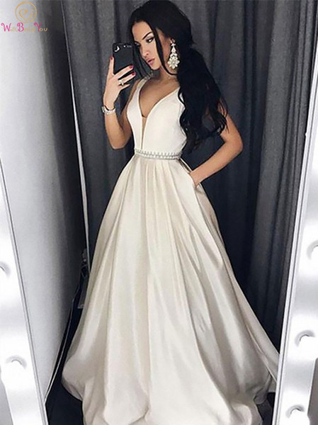 Ivory Evening Dresses New A Line Deep V Neck Formal Party Sweep Train Prom Gowns Plus Size Long Custom vestido de festa