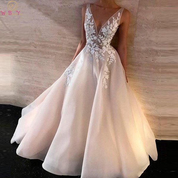 A-Line Evening Dresses Appliques with Tulle Sleeveless V Neck Evening Party Dresses Open Back Dress Women&Girls robe de soiree