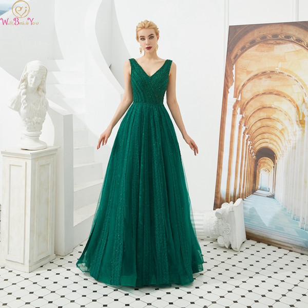 Elegant Beaded Lace A Line Evening Dresses Hunter Green In Stock V Neck Sleeveless Long Formal Prom Gowns Always Beside You