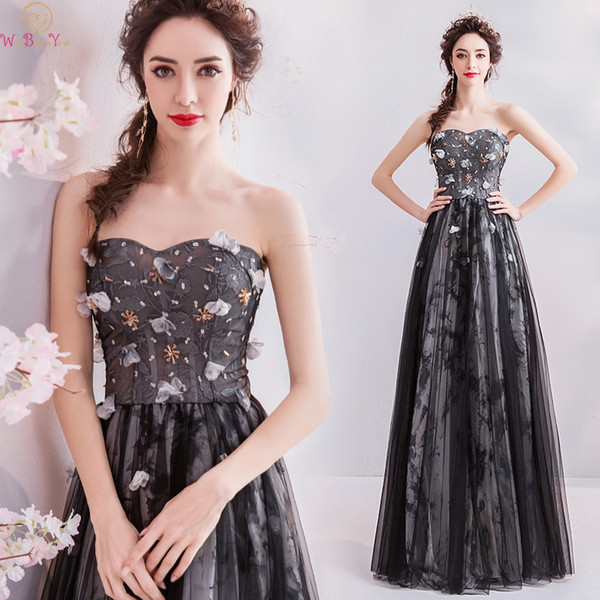 Black Evening Dresses New Illision Sleeveless Sweetheart Neck Abendkleider A Line Formal Lace Up Prom Dress Walk Beside You