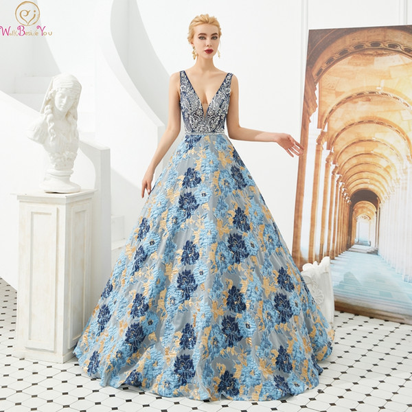 Floral Print A Line Evening Dresses In Stock Deep V Neck Sleeveless Long Sequins Crystal Lace Robe Femme Formal Prom Gowns