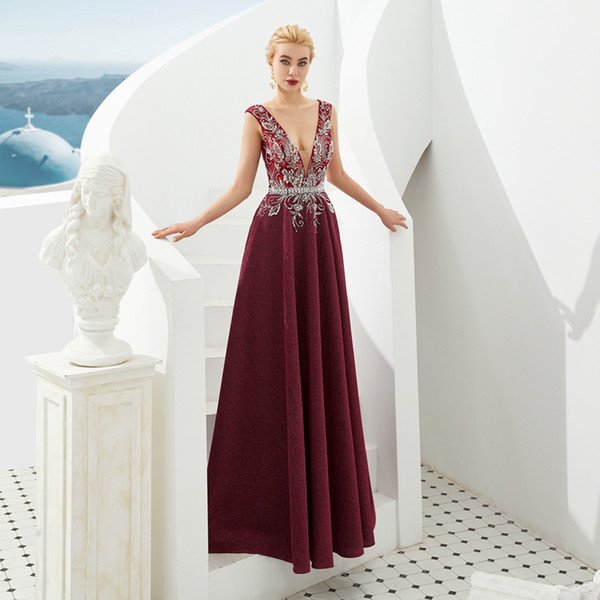 In Stock Sexy Deep V Neck Wine Red Evening Dresses New Sleeveless Long Robe Femme Formal Party Prom Gowns Walk Beside You