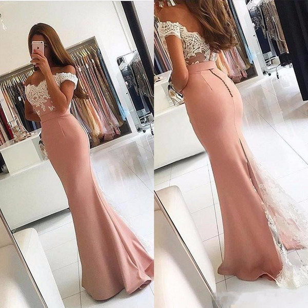 Nude Evening Dresses Lace Applique Mermaid Formal Dresses Trumpet Sexy Party Dresses Off the Shoulder Elastic Satin Prom Gown Christmas