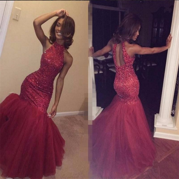 Elegant Burgundy Evening Dresses Beaded Halter Formal Dresses Crystal Mermaid Trumpet Sexy Party Dresses 2017 Prom