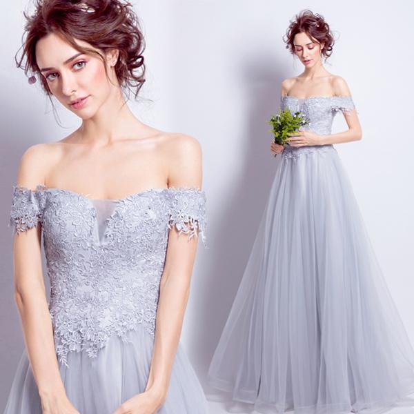 100% Real Image vestidos de fiesta largos Elegantes Gray Evening Dresses Off the Shoulder Lace Floor Length Party Formal Gowns