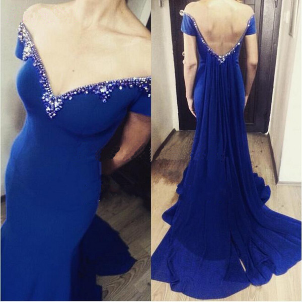 2017 Royal Blue Evening Dresses Off the Shoulder Formal Dresses Beaded Crystal Mermaid Trumpet Sexy Party Dresses Custom Made Free 