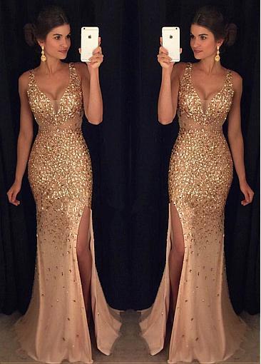 100% Real Image Sexy Champagne Evening Dresses Long See Through 2017 MermaidSpaghetti Straps Crystal Beaded Prom Gowns Formal Party Dresses