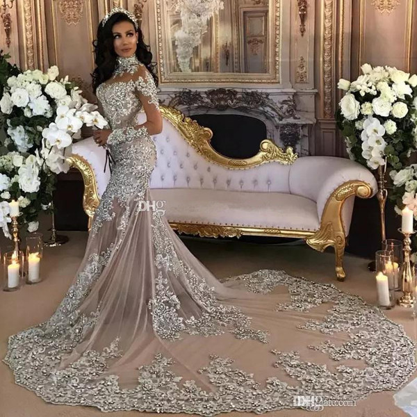 Romantic Evening Dress Long Sleeves Mermaid High Neck Beads Crystal Lace Muslim Formal Prom Dress Evening Gown Abendkleider