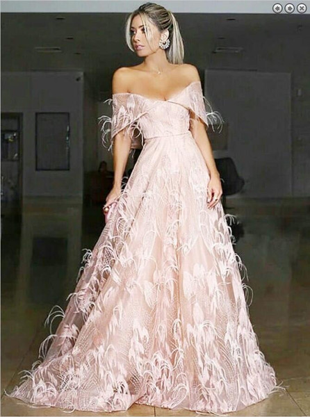 Formal Evening Dresses A-Line Off-the-Shoulder Sweep Train Pink Lace Prom Dress with Ostrich Feather Long Floor Length V-neck Party Gowns