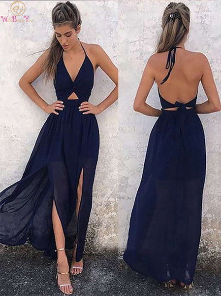 Black Formal Party Long Prom Dresses New Halter Neck vestidos de gala Sexy Split Sleeveless Evening Gowns Walk Beside You