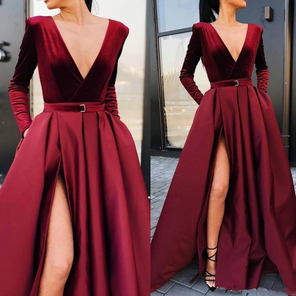 Sexy High Split Burgundy Evening Dresses New Hot Selling Custom Sweep Train Deep V-Neck A-Line Long Sleeve Formal Prom Party Gowns E026