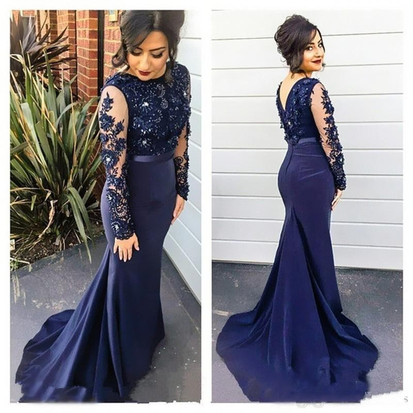 Elegant Mermaid Evening Dresses Scoop Long Sleeves Backless Lace Appliques Beaded Formal Prom Party Gowns vestido de noite Custom