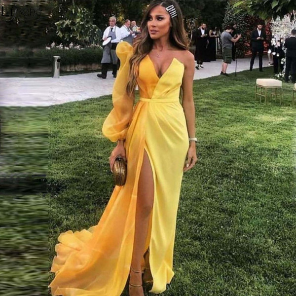 Unique Long Prom Dresses One Shoulder Long Sleeve High Slit Mermaid Evening Gown Unique V Neck Formal Dress robe de soiree