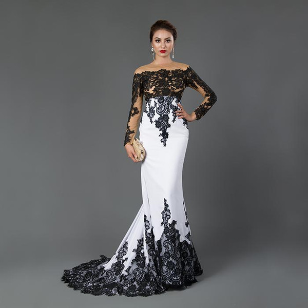 White and Black Mermaid Evening Dresses New Hot Selling Custom Applique Off-the-shoulder Long Sleeve Lace Formal Prom Party Gowns E024