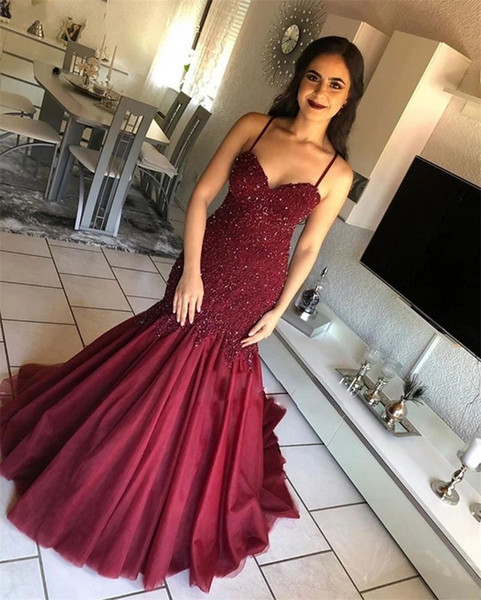 Burgundy Mermaid Evening Dresses Long Spaghetti Strap Open Back Major Beading Formal Prom Party Gowns vestido de noite Custom