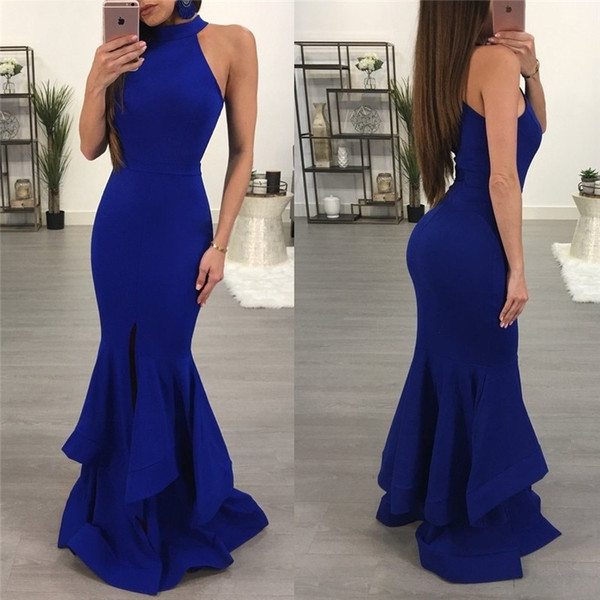 Royal Blue Mermaid Evening Dresses Long Jewel Tiered Skirts Formal Prom Party Gowns vestido de noite Plus Size Custom Cheap