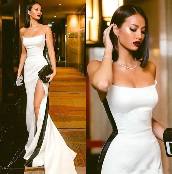 Sexy White and Black Evening Dresses New Hot Selling Custom Sweep Train Strapless High Split Satin Sheath Formal Prom Party Gowns E025
