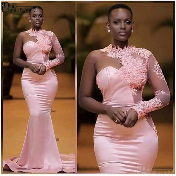 Pink Mermaid Evening Dresses One Shoulder Appliques Lace Dubai Saudi Arabic Long Sleeves Evening Gown Prom Dress