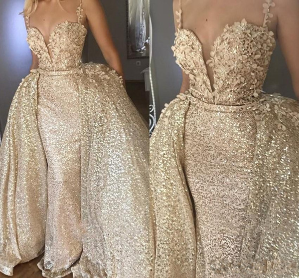Sexy Sparkly Sequined Evening Dresses Formal With Detachable train Spaghetti Straps Prom Dress Champagne Gold Eye Caught Party Gowns