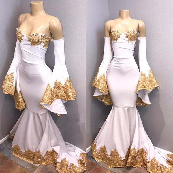 White Mermaid Horn Long Sleeves Evening Dress Boat Neck Off The Shoulder Gold Lace Arabic Prom Gowns Vestido De Festa Cheap