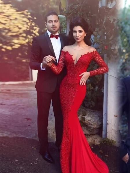 Illusion Red Mermaid Evening Dresses Long Sheer Neck Long Sleeves Cover Button Back Lace Appliques Formal Prom Party Gowns vestido de noite