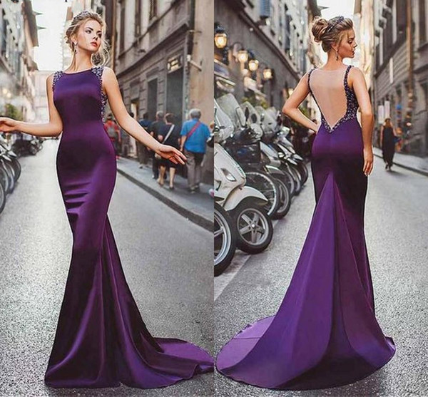 Purple Mermaid Evening Dresses For Women Scoop Sleeveless Illusion Back Formal Celebrity Prom Party Gowns vestido de noite Custom Long