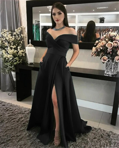 Black Off Shoulder Stain Evening Dresses With Pockets Side Split Formal Prom Party Gowns vestido de noite Custom Cheap