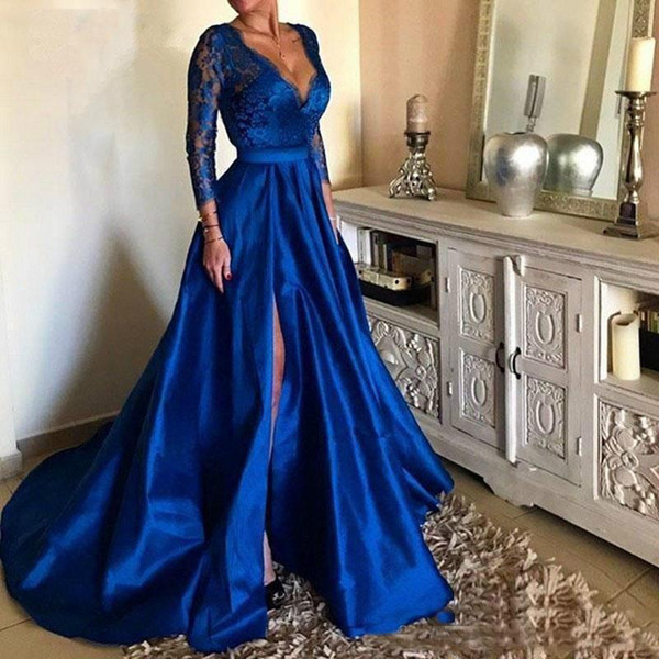 Royal Blue Side Split Evening Dresses V Neck Long Sleeves Lace Appliques Stain Formal Prom Party Gowns vestido de noite Custom