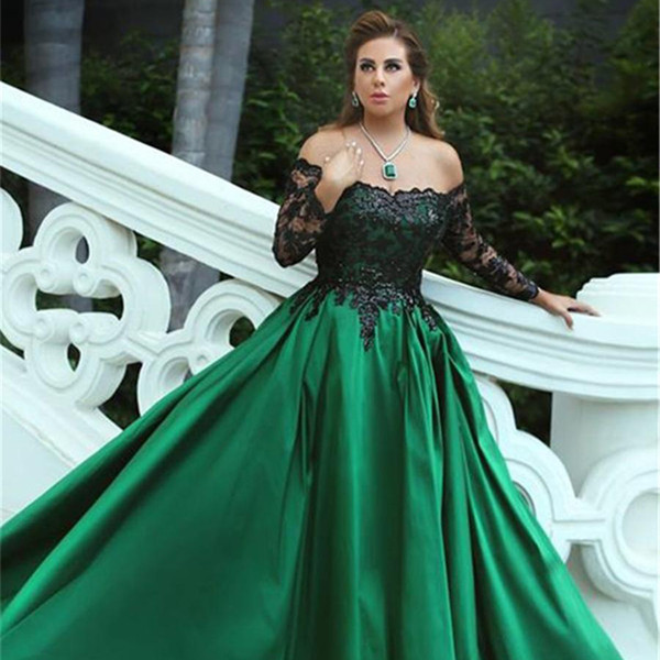 Dark Green Off Shoulder Evening Dresses Long Sleeves Lace-up Back Lace Appliques Sequins Formal Prom Party Gowns vestido de noite