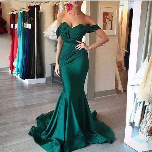 Dark Green Off Shoulder Mermaid Evening Dresses Long Backless Pleats Formal Prom Party Gowns vestido de noite Custom Cheap
