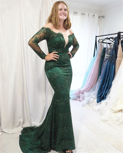 Dark Green Mermaid Lace Evening Dresses Long Off Shoulder Long Sleeves Appliques Formal Prom Party Gowns vestido de noite Plus Size