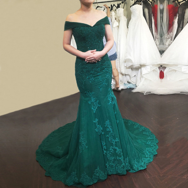 Dark Green Mermaid Evening Dresses Long Off Shoulder Lace-up Back Lace Appliques Beaded Formal Prom Party Gowns vestido de noite Custom
