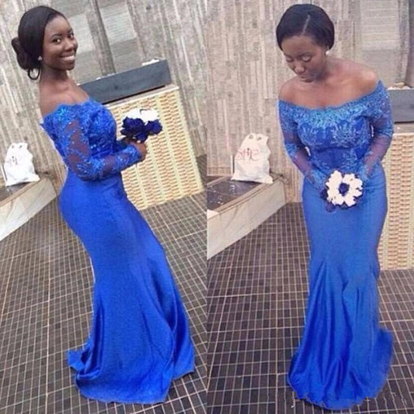 Mermaid African Blue Evening Dresses New Hot Selling Custom Made Sweep Train Off-the-shoulder Long Sleeve Formal Prom Party Gowns E061