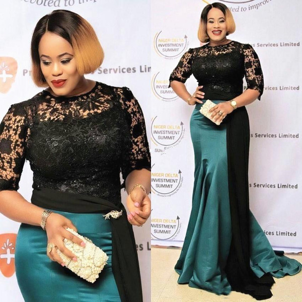 Black and Green Mermaid Evening Dresses Plus Size New Hot Selling Custom Sweep Train Half Sleeve Lace Formal Prom Party Gowns E062