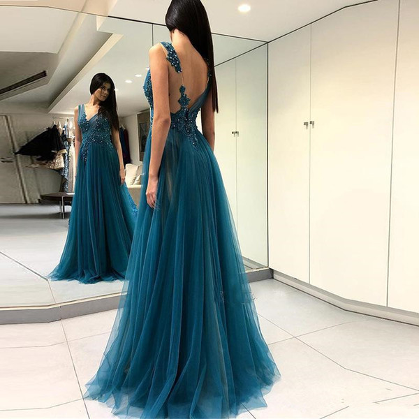 Dusty Blue Tulle Evening Dresses New Design Custom Made Sweep Train Applique Beads V-Neck A-Line Backless Formal Prom Party Gowns E030