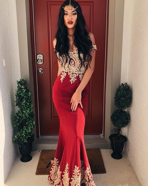 Dark Red and Gold Mermaid Evening Dresses Custom New Hot Selling Sweep Train Applique Off-the-shoulder Formal Prom Party Gowns E033