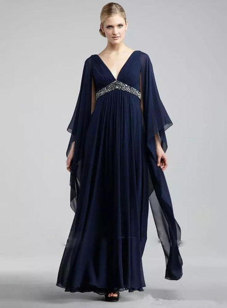 Navy Blue Chiffon Evening Dresses Custom New Hot Selling Pleats Floor Length Long Sleeve Empire Maternity Formal Prom Party Gowns E034