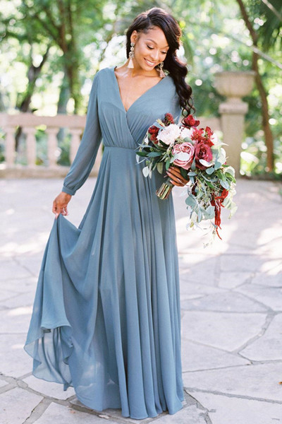 Boho Style Dusty Blue Chiffon Evening Dresses Custom New Pleats Floor Length A-Line V-Neck Long Sleeve Formal Prom Party Gowns E031