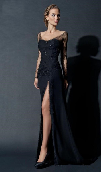 Sexy Black Sheath Evening Dresses New Hot Selling Beaded Custom Sweep Train Long Sleeve High Split Lace Formal Prom Party Gowns E102