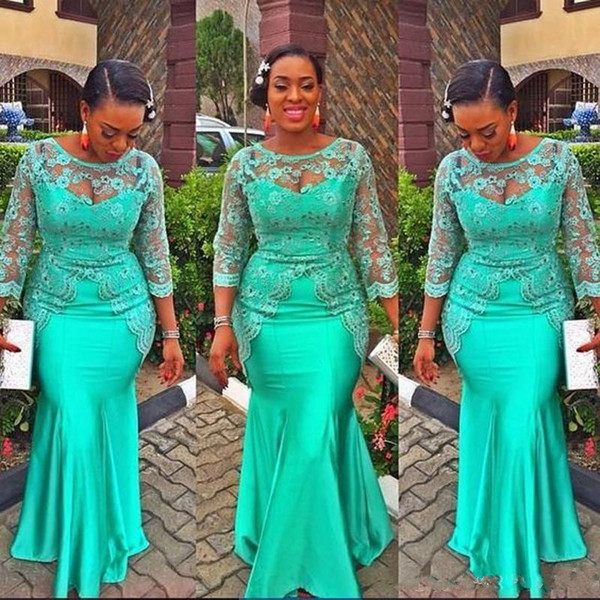Turquoise African Mermaid Evening Dresses New Hot Selling Crystals Floor Length 3/4 Long Sleeve Lace Formal Prom Party Gowns E105