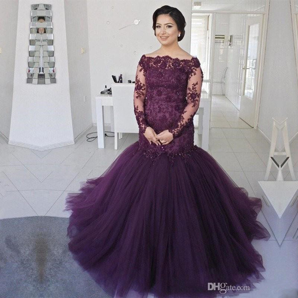 Dark Purple Mermaid Evening Dresses New Hot Selling Custom Made Applique Beads Long Sleeve Lace Tulle Formal Prom Party Gowns E104