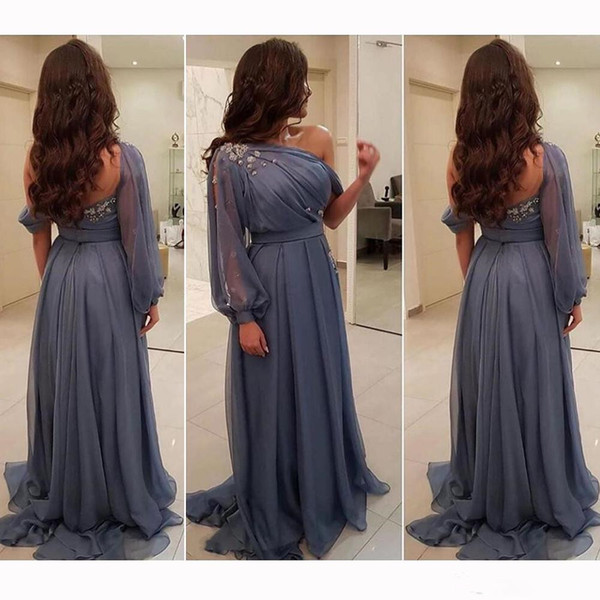 Dark Navy Chiffon Evening Dresses New Hot Selling Custom Applique Pleats A-Line One Shoulder Long Sleeve Formal Prom Party Gowns E103