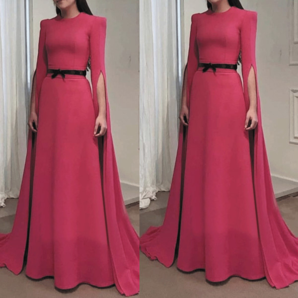 Dubai Caftan Evening Dresses Hot Pink Long Elegant Simple Cheap Evening Gowns With Long Sleeves Black Belt Mother Dress vestido de fest