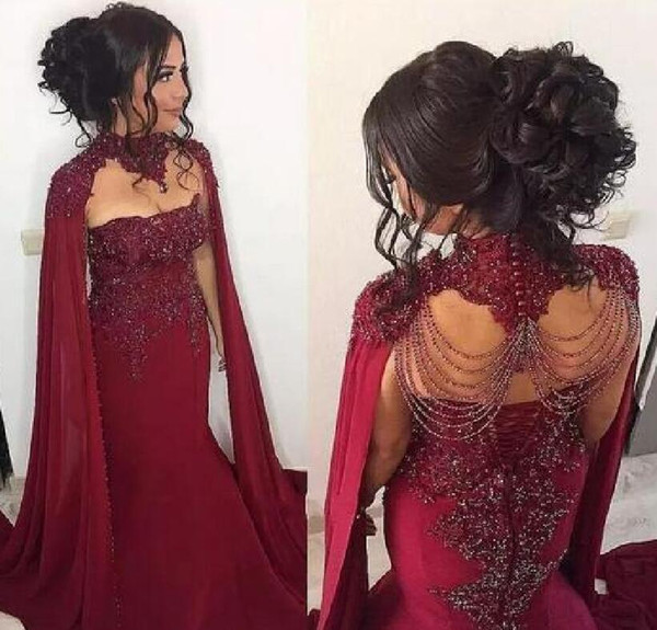 Dubai Burgundy Evening Dresses Long Mermaid Lace Beading African Long Prom Gowns With Wraps