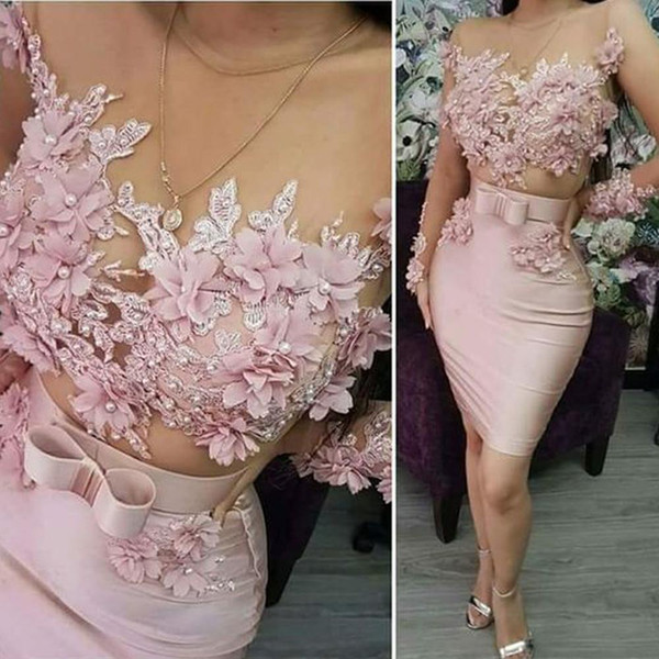 Sweet Pink Evening Dresses Illusion Long Sleeves 3D Lace Applique Sheath Sexy Short Prom Gowns Mother Dress Party Show