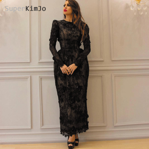 Myriam Fares Black Evening Dresses Long Sleeves Black Lace Prom Gowns Tight Bodice vestido de festa de longo African 